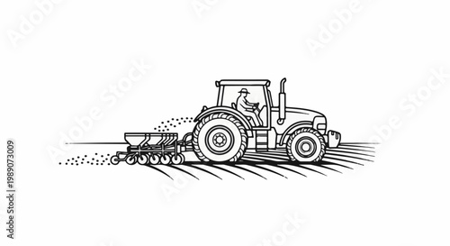 A farmer operates a tractor, sowing seeds in a field with a seed drill