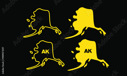 Yellow Alaska state map silhouette set with AK abbreviation on black background. Minimal thin line web icon set, Outline icons collection.