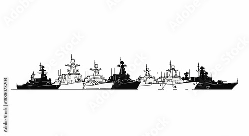 A fleet of modern naval warships arranged horizontally against a white background