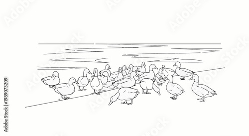 A flock of ducks gathers near the water's edge, some standing, some pecking