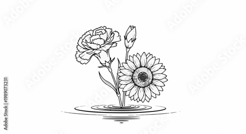 A detailed ink drawing depicts a carnation, a bud, and a sunflower with an iris in its center