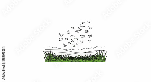 A flock of birds takes flight over rolling hills and grassy plains