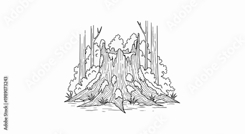 A detailed ink drawing of a large tree stump with exposed roots