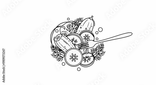 A fork pierces a salad of sliced tomatoes and cucumbers with dill