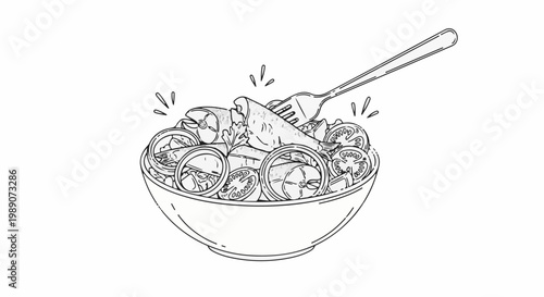 A fork lifts a piece of fish from a bowl of salad with tomatoes