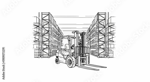 A forklift sits between tall shelves filled with boxes in a warehouse