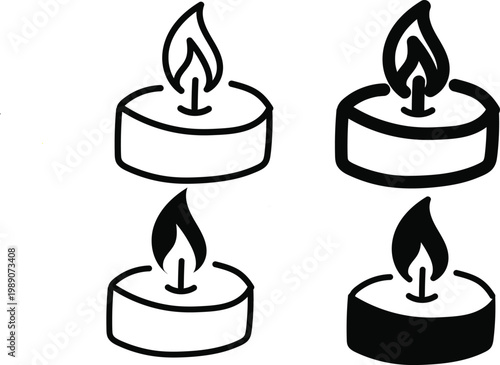 Burning tea light candle icon set isolated on white. Minimal thin line web icon set, Outline icons collection.