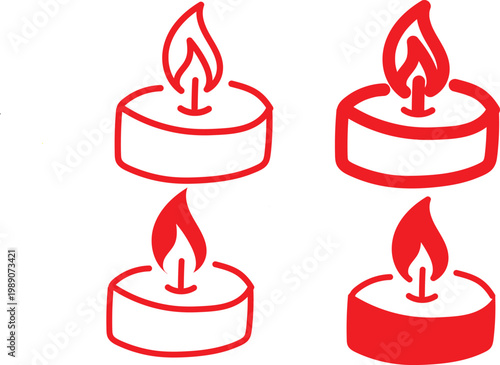Red burning tea light candle icon set isolated on white. Minimal thin line web icon set, Outline icons collection.