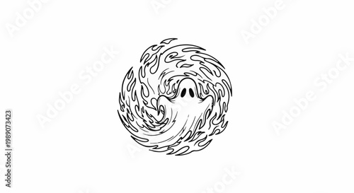 A ghostly spirit swirls within a fiery circle, depicted in a black and white line drawing