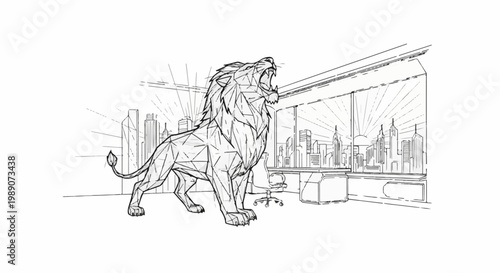 A geometric lion roars in a modern office with a city skyline view