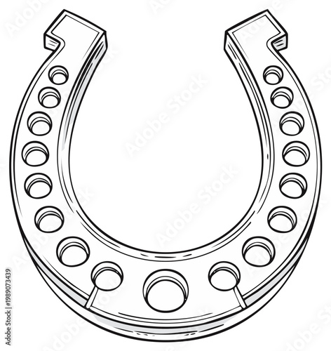 Classic Metal Horseshoe Outline Drawing with Nail Holes Isolated on White Background