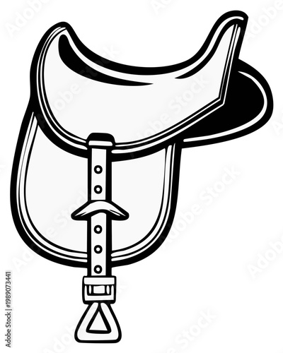 Horse saddle illustration, black and white outline