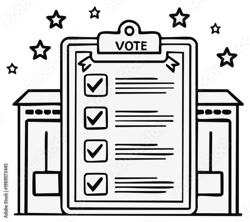 Illustrated voting ballot with check marks, stars and building details representing elections