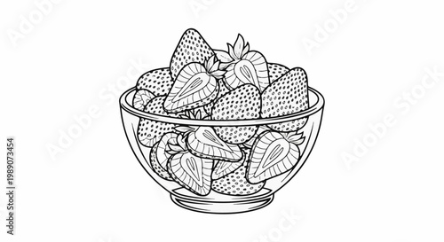 A glass bowl brimming with fresh strawberries, some halved, detailed line art