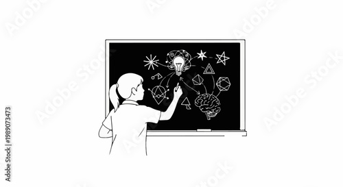 A girl with a ponytail draws a lightbulb and brain with geometric shapes on a blackboard