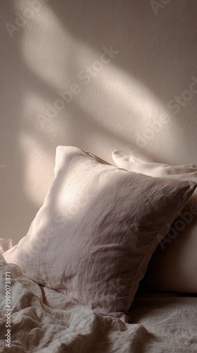 Calm wellness lifestyle with lavender pillow on natural linen, minimal interior, soft dusk light, gentle shadows, muted beige and cream palette, serene cinematic textures