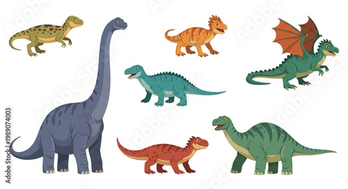 Collection of various cartoon dinosaurs in different poses and colors.