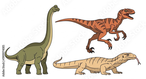 Three different dinosaurs depicted in illustration style.