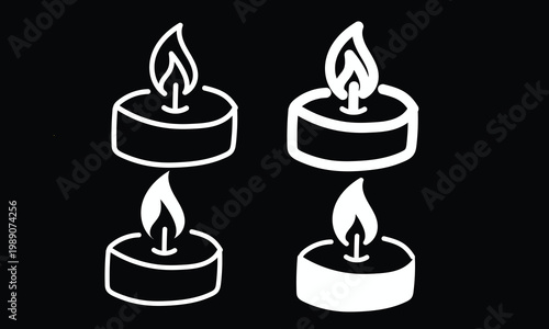 White glowing tea light candle icon set on black background. Minimal thin line web icon set, Outline icons collection.