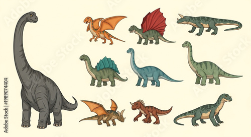 Collection of Various Dinosaur Species Illustration.