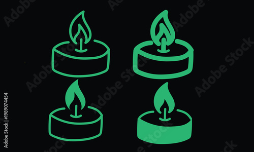 Green glowing tea light candle icon set on black background. Minimal thin line web icon set, Outline icons collection.