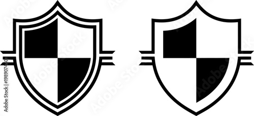 Two contrasting medieval-style heraldic shields with distinct black and white quadrants