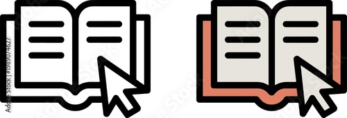 Digital and traditional book interaction icons with cursor pointers
