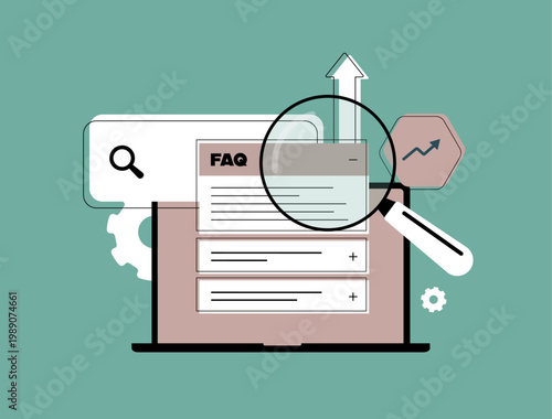 FAQ SEO optimization with search visibility and content ranking in digital interface. FAQ workflow with structured data and search performance improvement process vector illustration