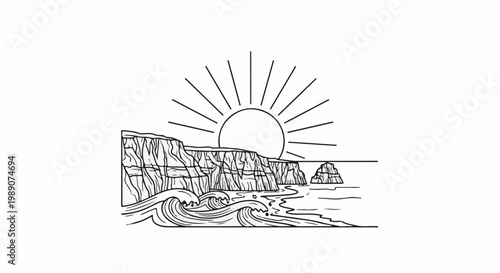 A minimalist black and white drawing of sunrays over cliffs and ocean waves