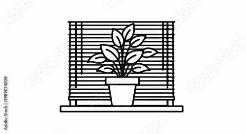 A houseplant sits in a pot on a windowsill behind Venetian blinds