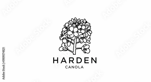 A minimalist black and white illustration of a flowering plant with text below