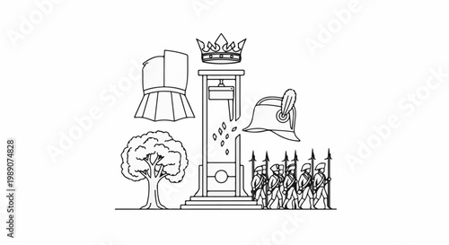 A historical illustration depicting symbols of power, conflict, and nature in monochrome outline