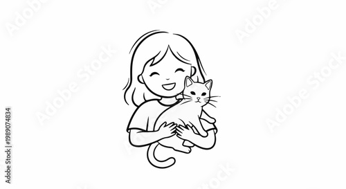 A joyful child embraces a white cat with playful whiskers and a curled tail