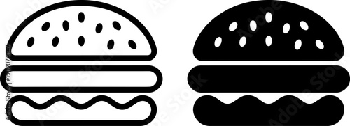 Comparison of black and white hamburger icon designs with sesame seeds and wavy bottom buns