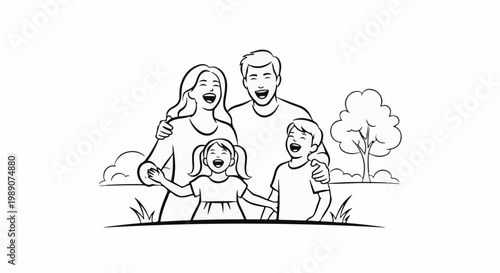 A joyful family of four laughs together outdoors in a simple sketch