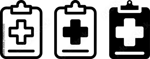 Three clipboard icons with medical cross symbols in varying styles
