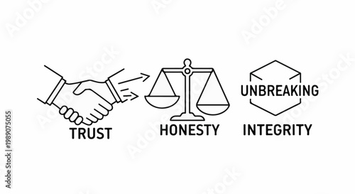 A line art graphic shows a handshake, scales, and a hexagon with text
