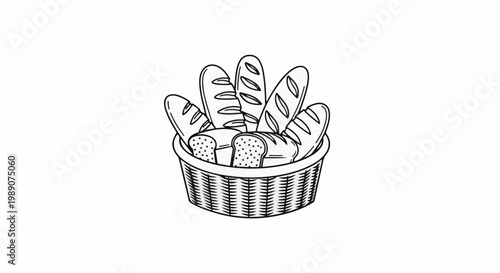 A line art drawing of a woven basket filled with assorted bread loaves and slices