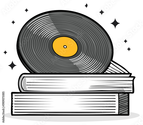 Illustration of a vinyl record and books with starburst elements