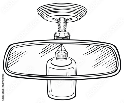 Vehicle Interior Perspective Showing a Rearview Mirror Reflecting a Bottle of Oil