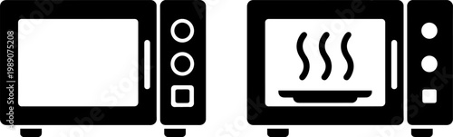 Two icons depicting a microwave oven in idle and cooking states