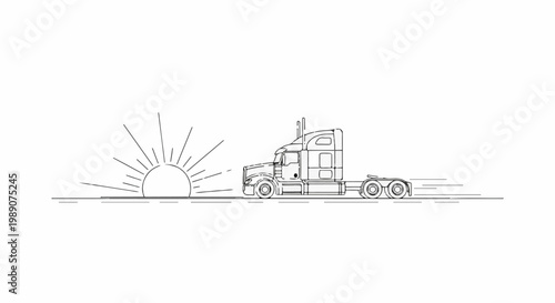 A line art illustration shows a semi-truck driving towards a rising sun