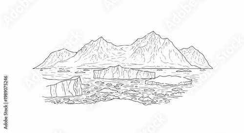 A line drawing depicting jagged mountains above icy waters with icebergs