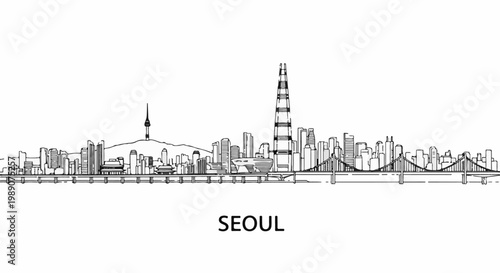 A minimalist line art cityscape depicting a modern city skyline with bridges