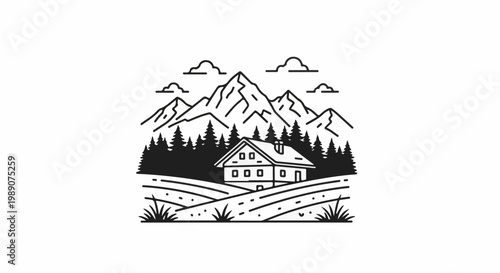 A minimalist line art depicts a rustic house nestled among trees below mountains