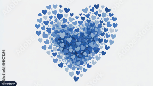 Large heart shape composed of many smaller blue hearts of varying shades and sizes, arranged in a dense cluster on a plain white background, representing love, affection, and romantic concepts