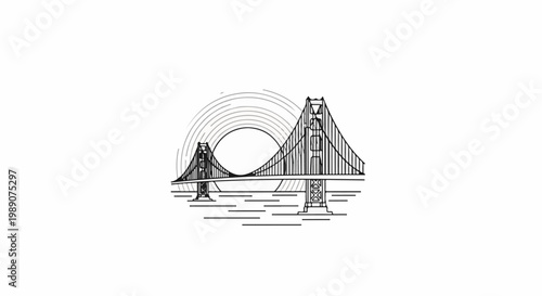 A minimalist line art sketch of a suspension bridge over water with a circular, wavy backdrop