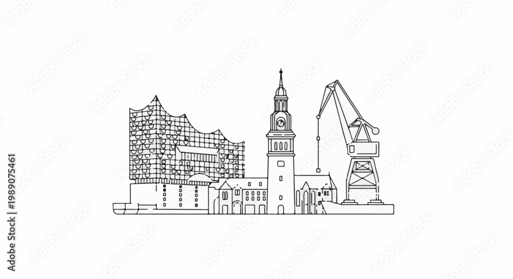 Obraz premium A line drawing of a city skyline featuring a modern building, a church, and a large crane