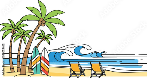 Tropical beach vacation scene with palm trees, surfboards, deck chairs, and ocean waves in bright daylight