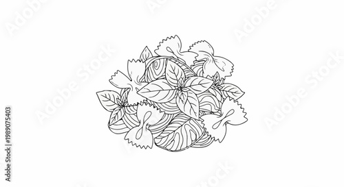 A line drawing illustration of bow-tie pasta intertwined with fresh basil leaves